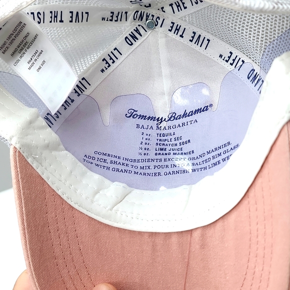 TOMMY BAHAMA CAP HAT, FRONT SALMON WITH WHITE MESH, DRINK RECIPE, LOGO ON NAVY - Picture 6 of 7